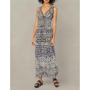 Angie Womens Boho Geometric Print Smocked Waist V-Neck Rayon Maxi Dress Purple M